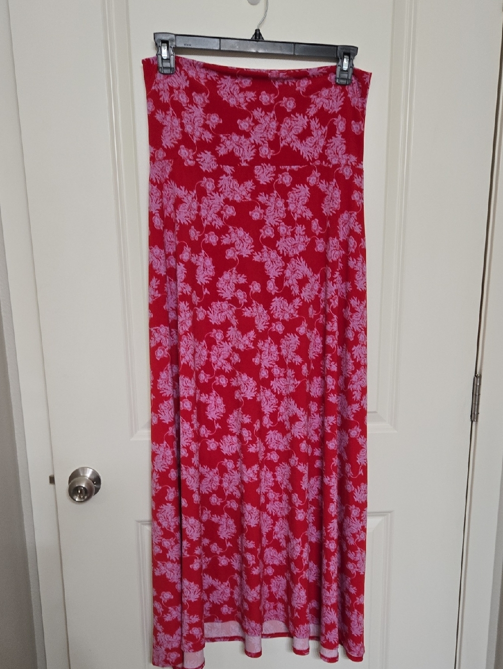 LuLaRoe Red Maxi Skirt with Light Pink Floral Print